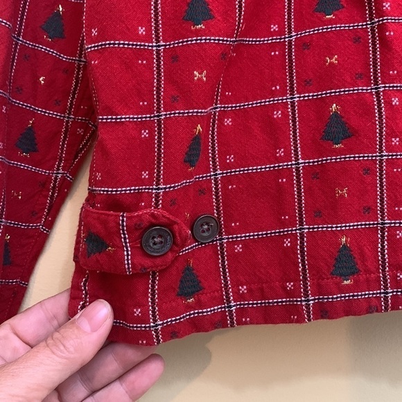 Dress Barn | Red Green Gold Xmas Tree Plaid Metallic Thread Button Down Shirt M - Picture 11 of 17